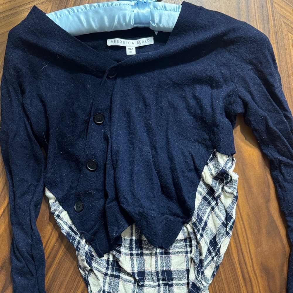 Veronica Beard Navy and Plaid Buttoned Cardigan